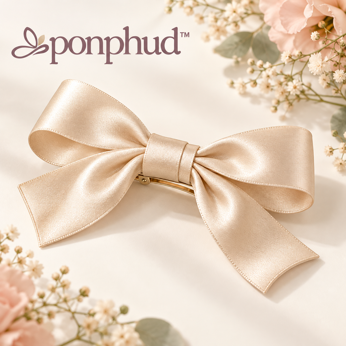 ponphud™ Clara Satin Bow Hair Barrette for Women, Soft Ribbon Bow Clip