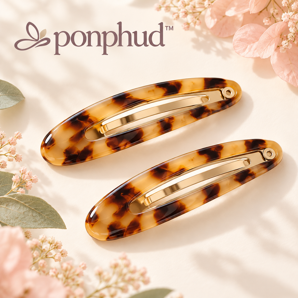 ponphud™ Sable Tortoise Snap Hair Clips for Women, Acetate-Look Side Clips, No-Slip Snap Barrettes for Bangs and Fine Hair, Set of 2