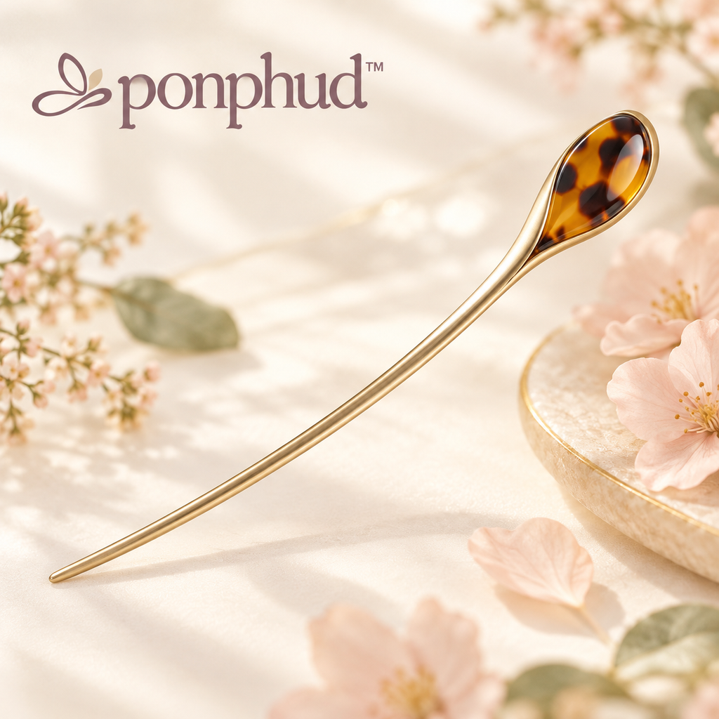 ponphud™ Celine French Hair Pin for Women, Minimal Metal Hair Stick for Buns, Twists and Chignons, Curved Tortoise Detail Hair Accessory