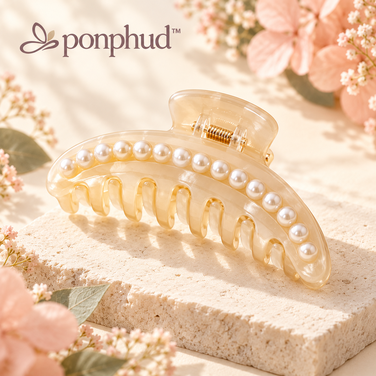 ponphud™ Pearl Crescent Claw Clip for Women, Faux Pearl Hair Claw, Elegant Large Hair Clip for French Twist, Wedding Guest and Evening Looks