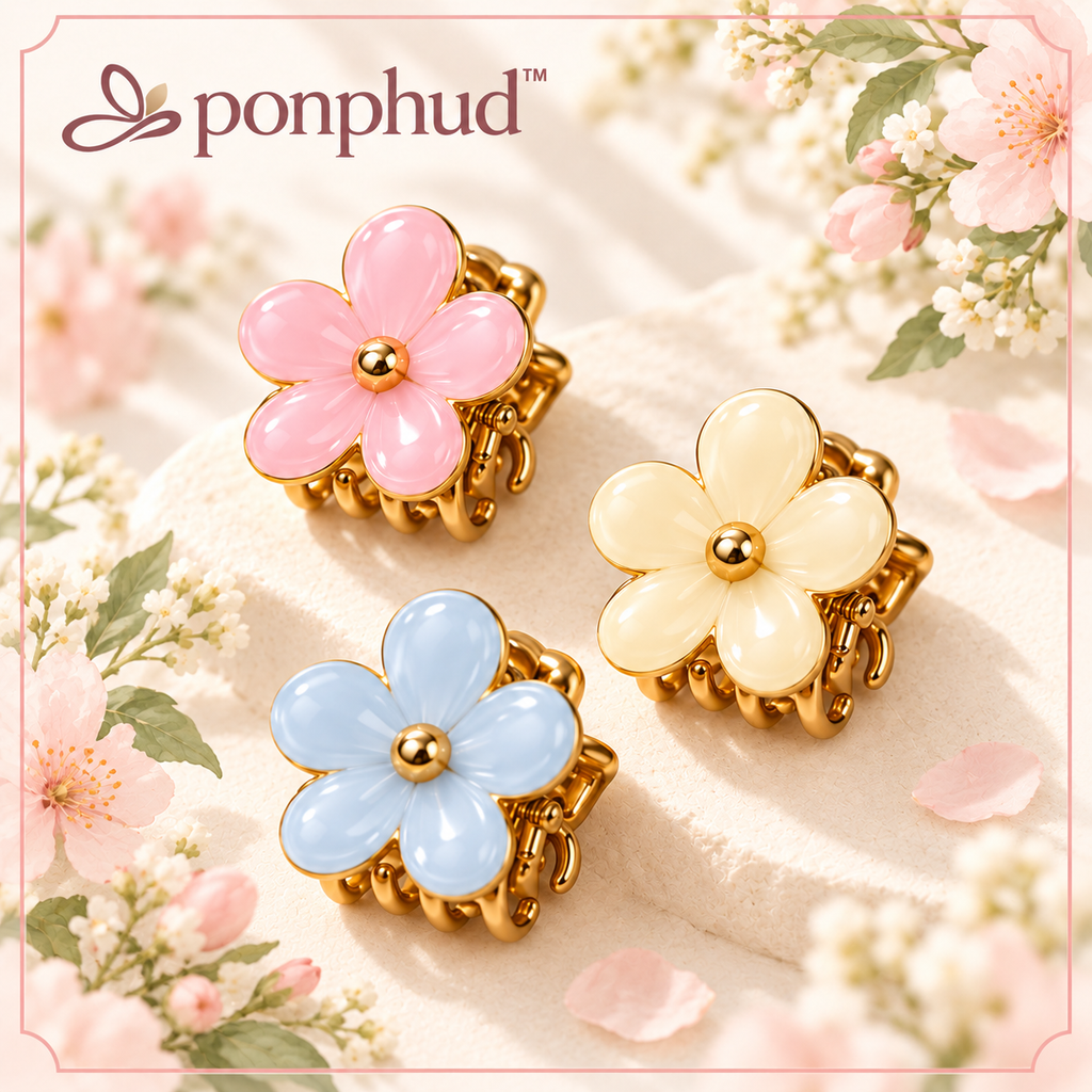 ponphud™ Poppy Mini Flower Claw Clips for Women, Enamel Floral Hair Clips, Cute Small Hair Claws for Half-Up Styles, Set of 3