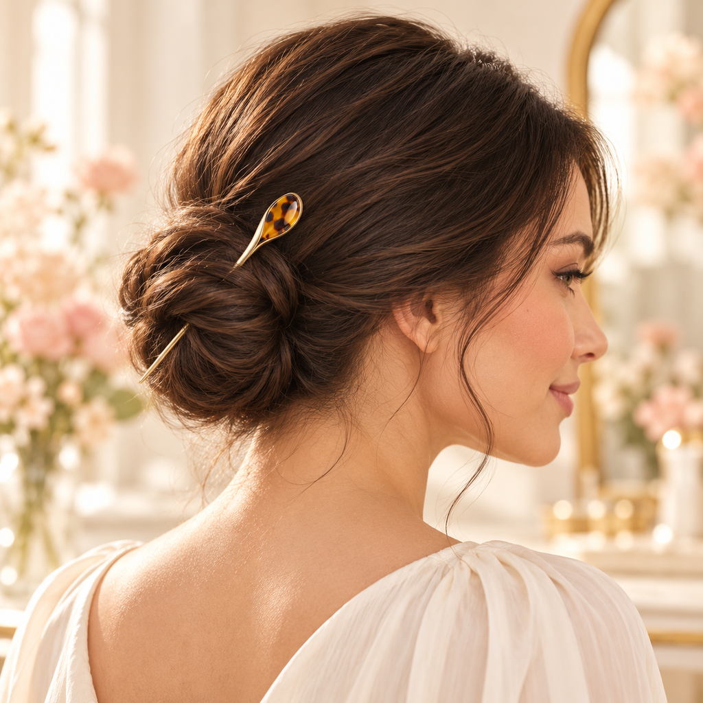 ponphud™ Celine French Hair Pin for Women, Minimal Metal Hair Stick for Buns, Twists and Chignons, Curved Tortoise Detail Hair Accessory