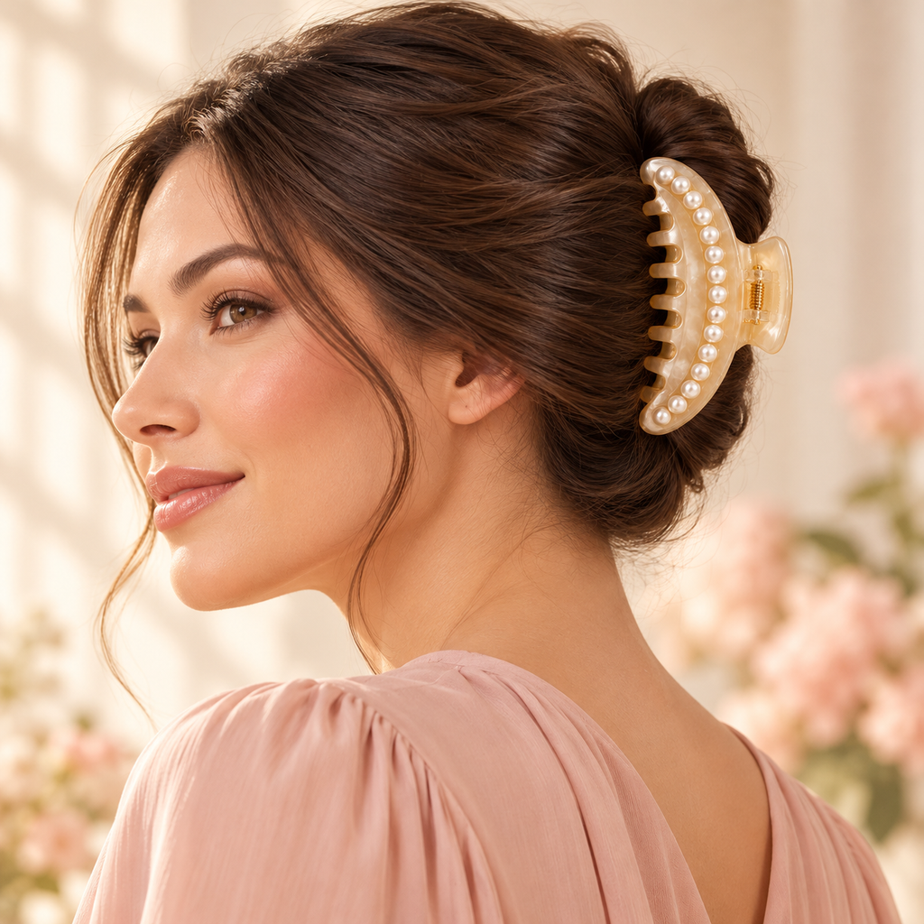 ponphud™ Pearl Crescent Claw Clip for Women, Faux Pearl Hair Claw, Elegant Large Hair Clip for French Twist, Wedding Guest and Evening Looks
