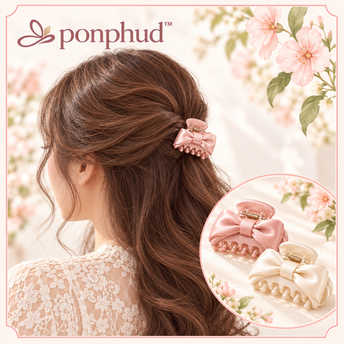 ponphud™ Dove Satin Mini Claw Clips for Women, Fabric-Wrapped Small Hair Claws, Soft Bow-Detail Hair Clips for Fine Hair, Set of 2