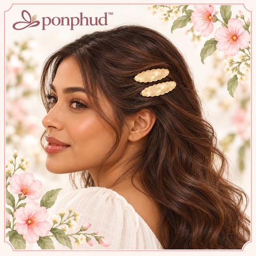 ponphud™ Marigold Scallop Hair Clips for Women, Gold-Tone Metal Side Barrettes, Textured Flower Snap Clips for Bangs and Fine Hair, Set of 2