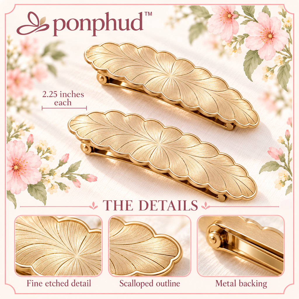ponphud™ Marigold Scallop Hair Clips for Women, Gold-Tone Metal Side Barrettes, Textured Flower Snap Clips for Bangs and Fine Hair, Set of 2