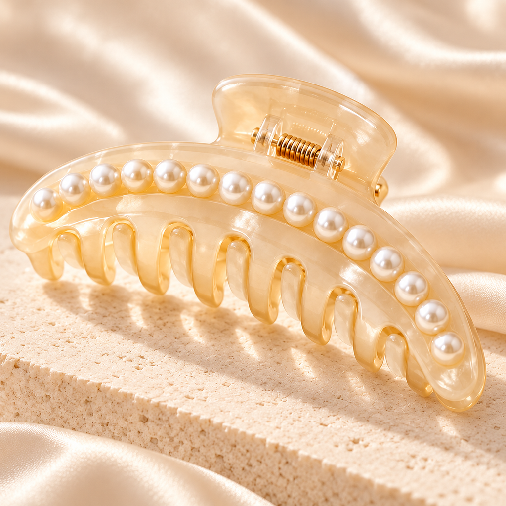 ponphud™ Pearl Crescent Claw Clip for Women, Faux Pearl Hair Claw, Elegant Large Hair Clip for French Twist, Wedding Guest and Evening Looks