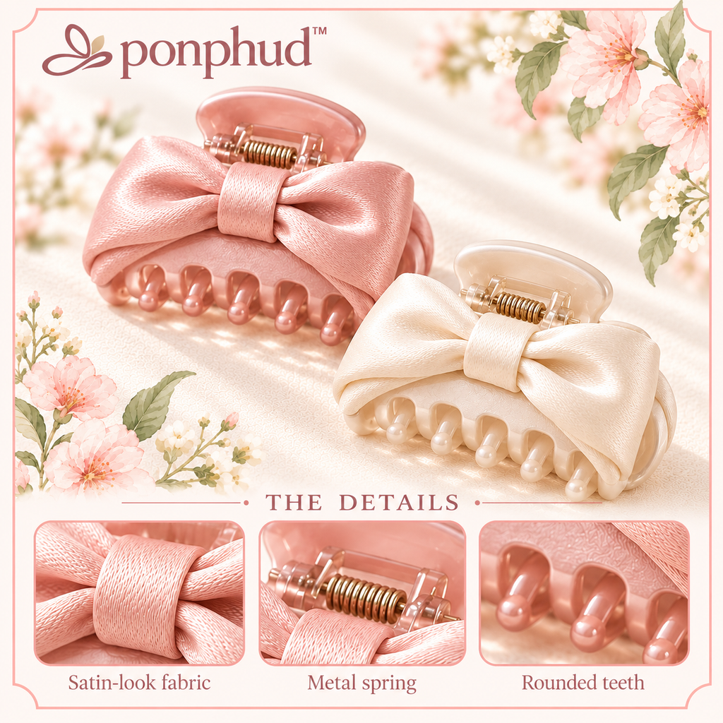 ponphud™ Dove Satin Mini Claw Clips for Women, Fabric-Wrapped Small Hair Claws, Soft Bow-Detail Hair Clips for Fine Hair, Set of 2