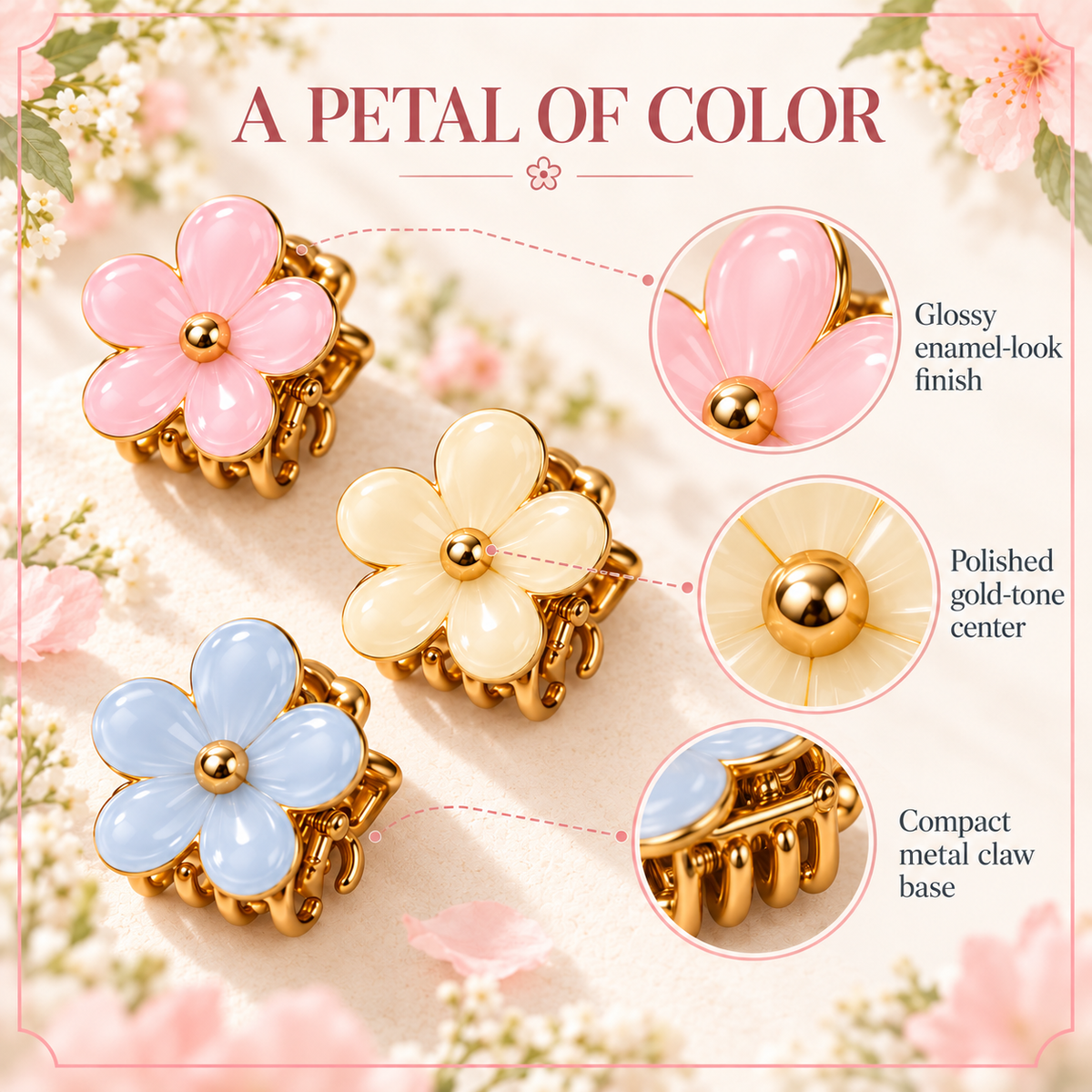 ponphud™ Poppy Mini Flower Claw Clips for Women, Enamel Floral Hair Clips, Cute Small Hair Claws for Half-Up Styles, Set of 3