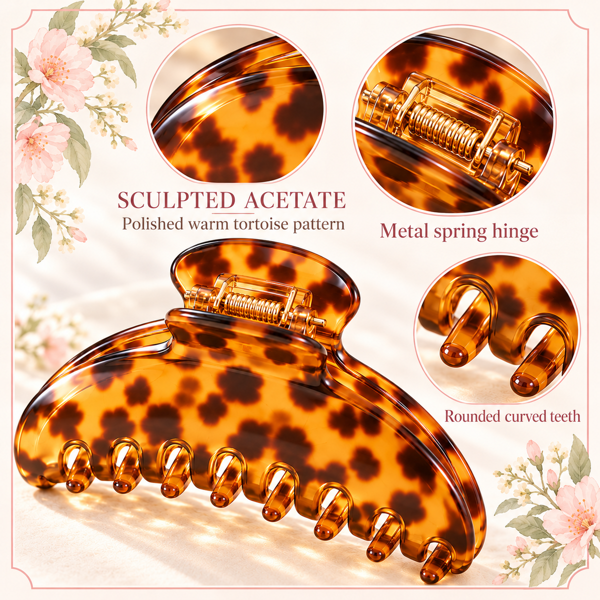 ponphud™ Solene Sculpted Arc Acetate Claw Clip for Women, Large Tortoise Shell Hair Clip, French Twist and Everyday Updo Barrette