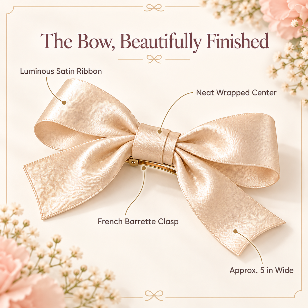ponphud™ Clara Satin Bow Hair Barrette for Women, Soft Ribbon Bow Clip, French Barrette for Half-Up Hairstyles and Special Occasions