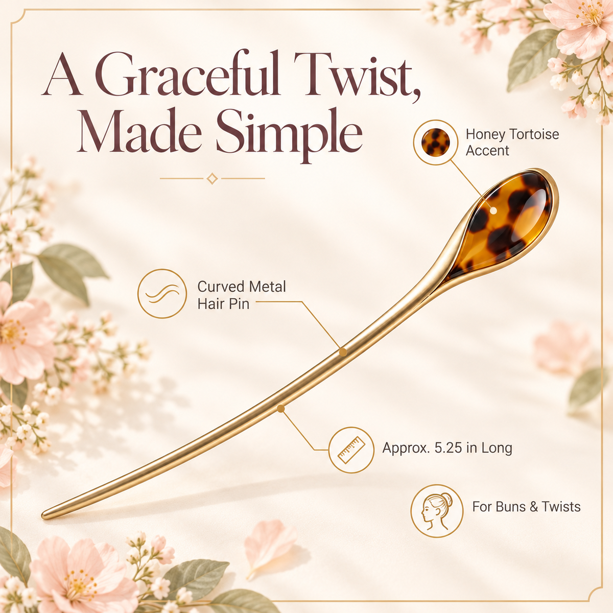 ponphud™ Celine French Hair Pin for Women, Minimal Metal Hair Stick for Buns, Twists and Chignons, Curved Tortoise Detail Hair Accessory