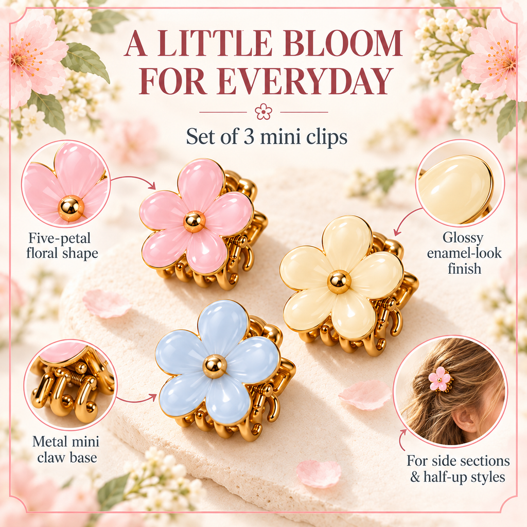 ponphud™ Poppy Mini Flower Claw Clips for Women, Enamel Floral Hair Clips, Cute Small Hair Claws for Half-Up Styles, Set of 3
