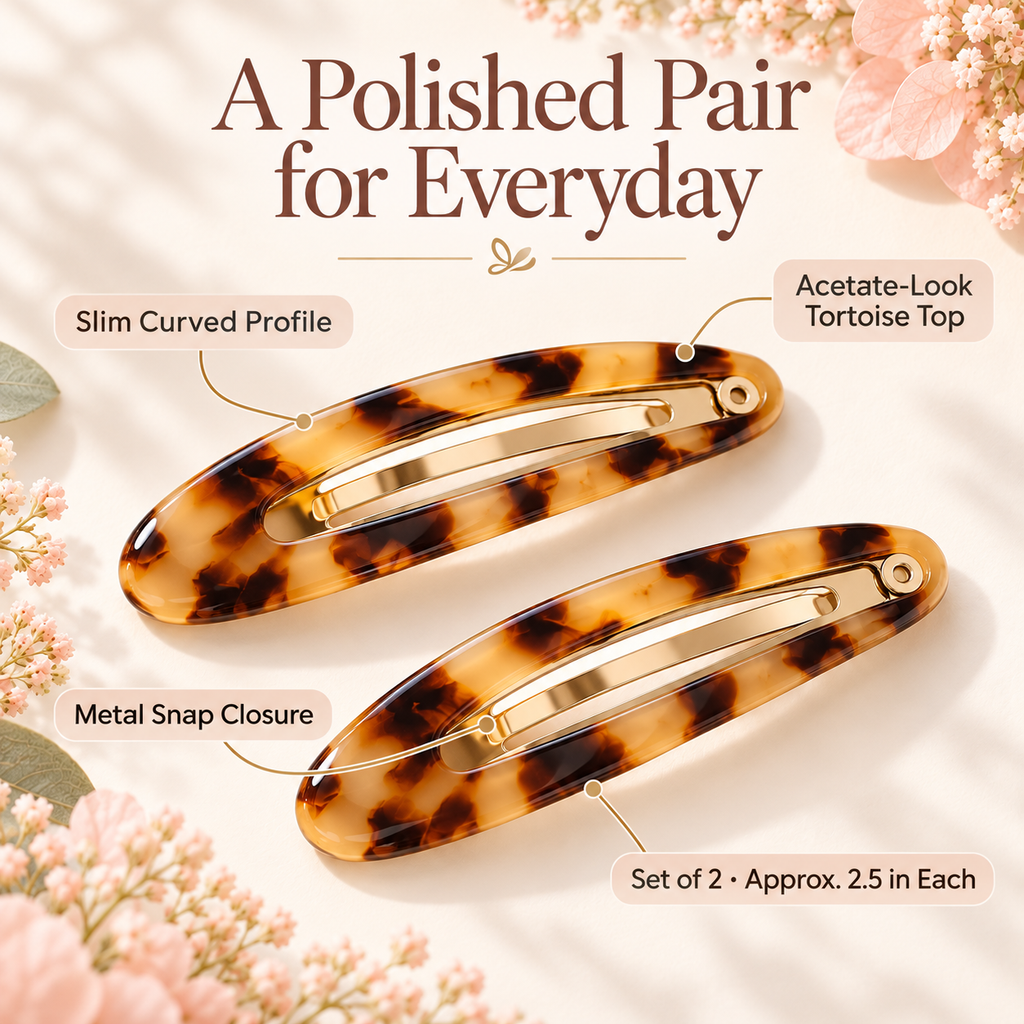 ponphud™ Sable Tortoise Snap Hair Clips for Women, Acetate-Look Side Clips, No-Slip Snap Barrettes for Bangs and Fine Hair, Set of 2