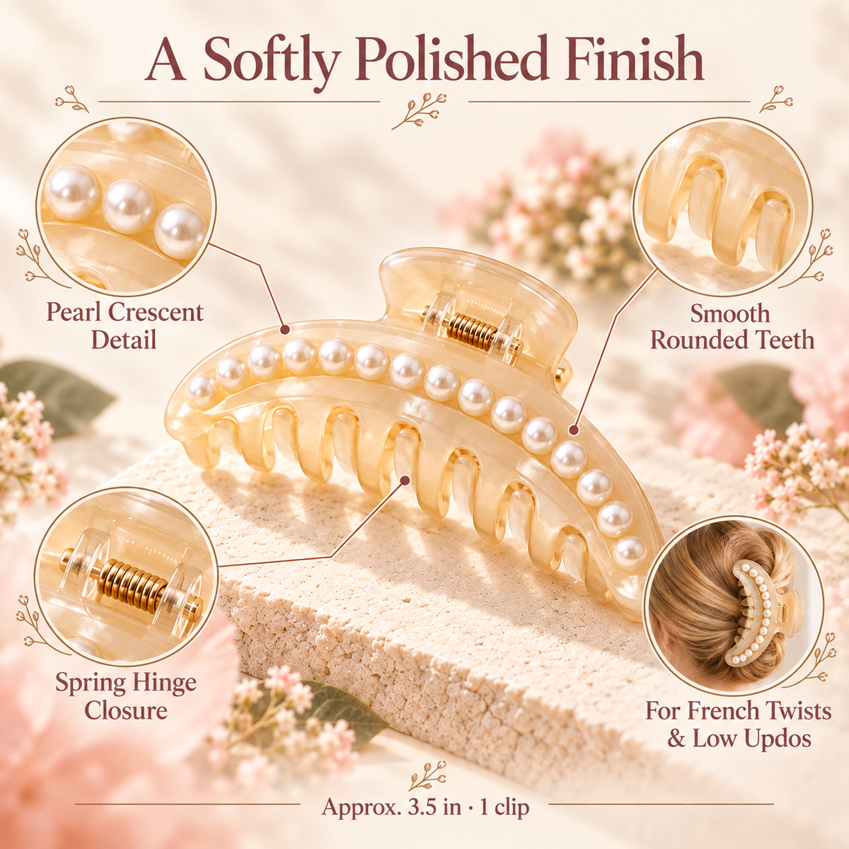 ponphud™ Pearl Crescent Claw Clip for Women, Faux Pearl Hair Claw, Elegant Large Hair Clip for French Twist, Wedding Guest and Evening Looks