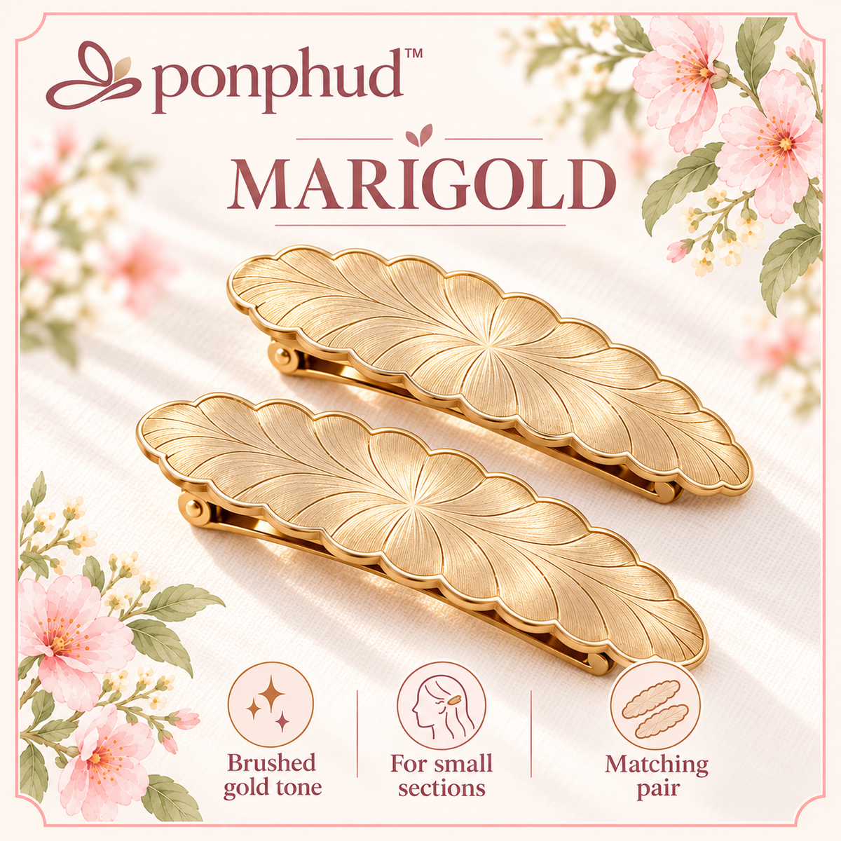 ponphud™ Marigold Scallop Hair Clips for Women, Gold-Tone Metal Side Barrettes, Textured Flower Snap Clips for Bangs and Fine Hair, Set of 2