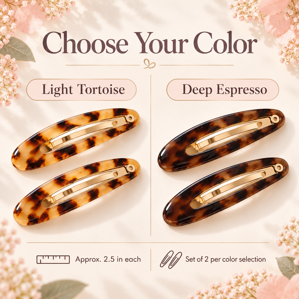 ponphud™ Sable Tortoise Snap Hair Clips for Women, Acetate-Look Side Clips, No-Slip Snap Barrettes for Bangs and Fine Hair, Set of 2