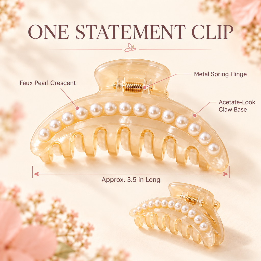 ponphud™ Pearl Crescent Claw Clip for Women, Faux Pearl Hair Claw, Elegant Large Hair Clip for French Twist, Wedding Guest and Evening Looks