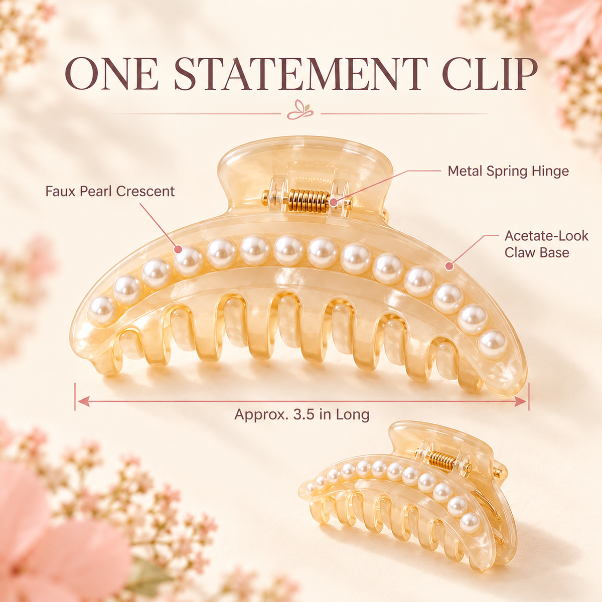 ponphud™ Pearl Crescent Claw Clip for Women, Faux Pearl Hair Claw, Elegant Large Hair Clip for French Twist, Wedding Guest and Evening Looks