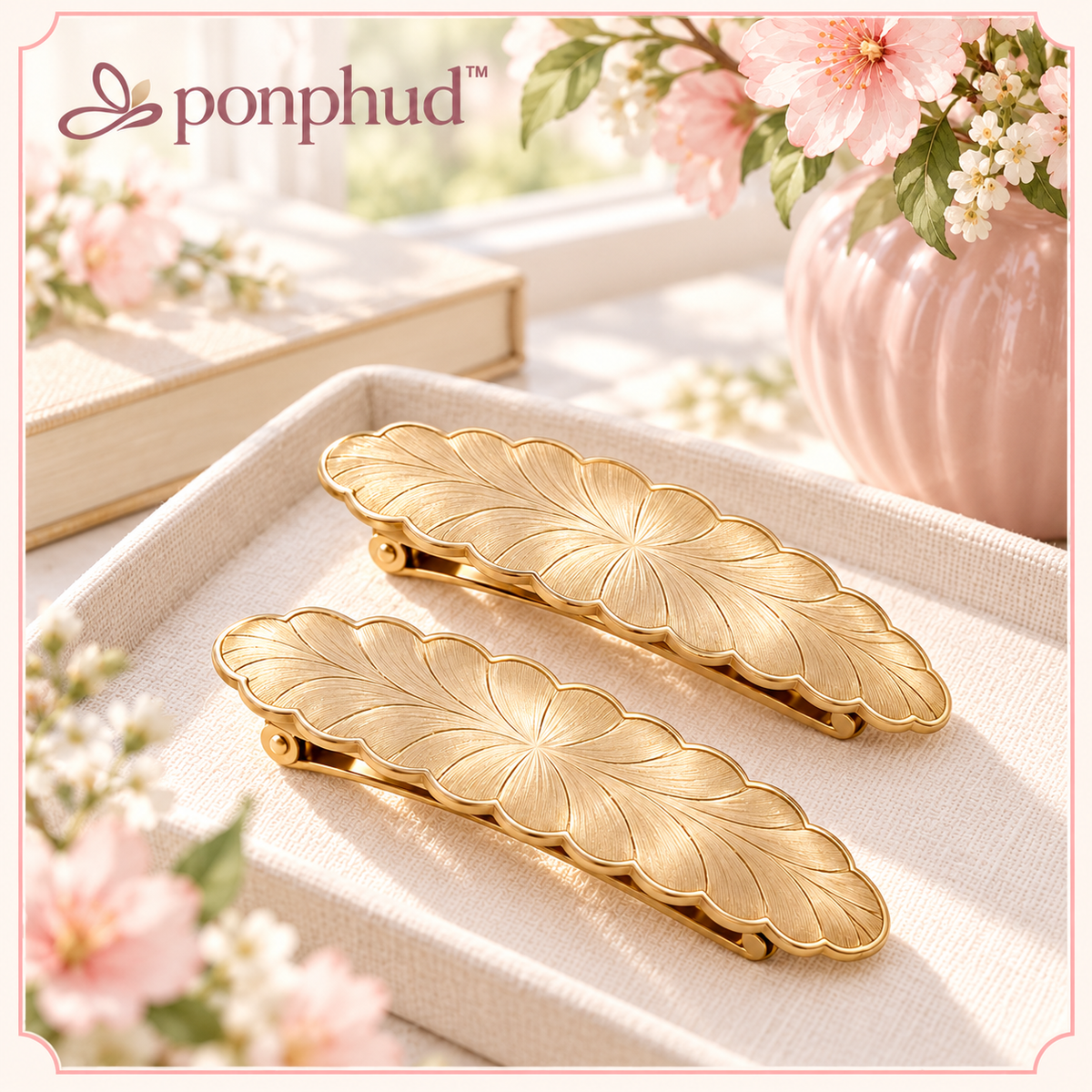 ponphud™ Marigold Scallop Hair Clips for Women, Gold-Tone Metal Side Barrettes, Textured Flower Snap Clips for Bangs and Fine Hair, Set of 2