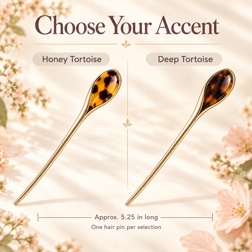ponphud™ Celine French Hair Pin for Women, Minimal Metal Hair Stick for Buns, Twists and Chignons, Curved Tortoise Detail Hair Accessory
