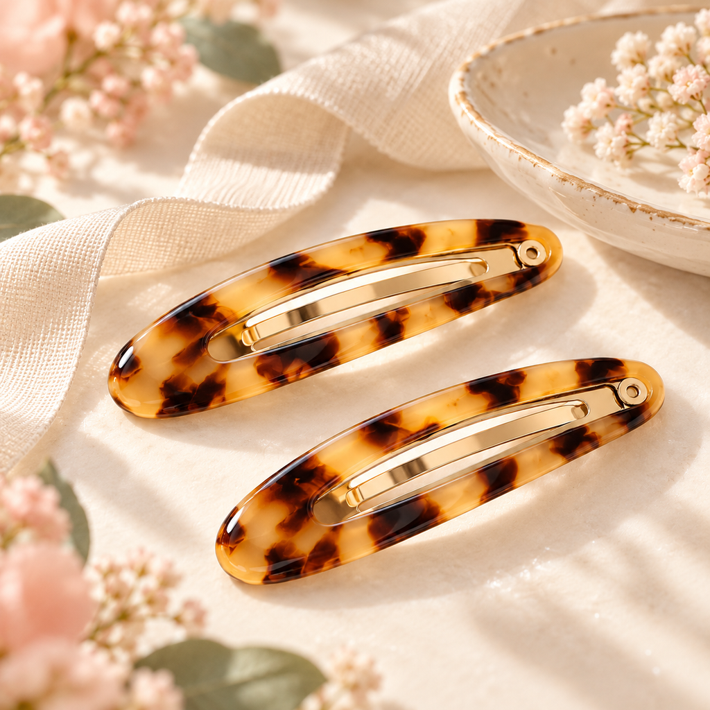 ponphud™ Sable Tortoise Snap Hair Clips for Women, Acetate-Look Side Clips, No-Slip Snap Barrettes for Bangs and Fine Hair, Set of 2