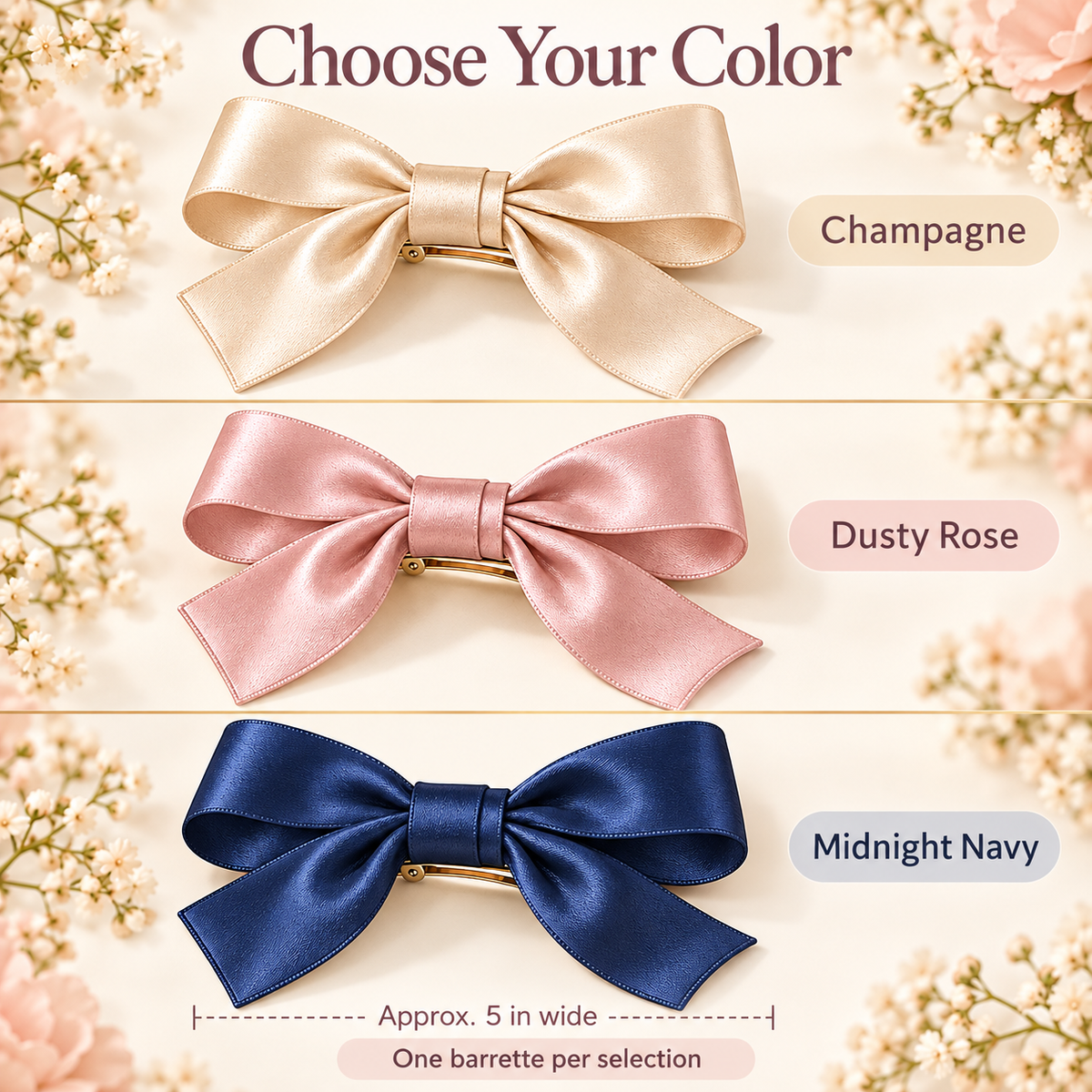 ponphud™ Clara Satin Bow Hair Barrette for Women, Soft Ribbon Bow Clip, French Barrette for Half-Up Hairstyles and Special Occasions