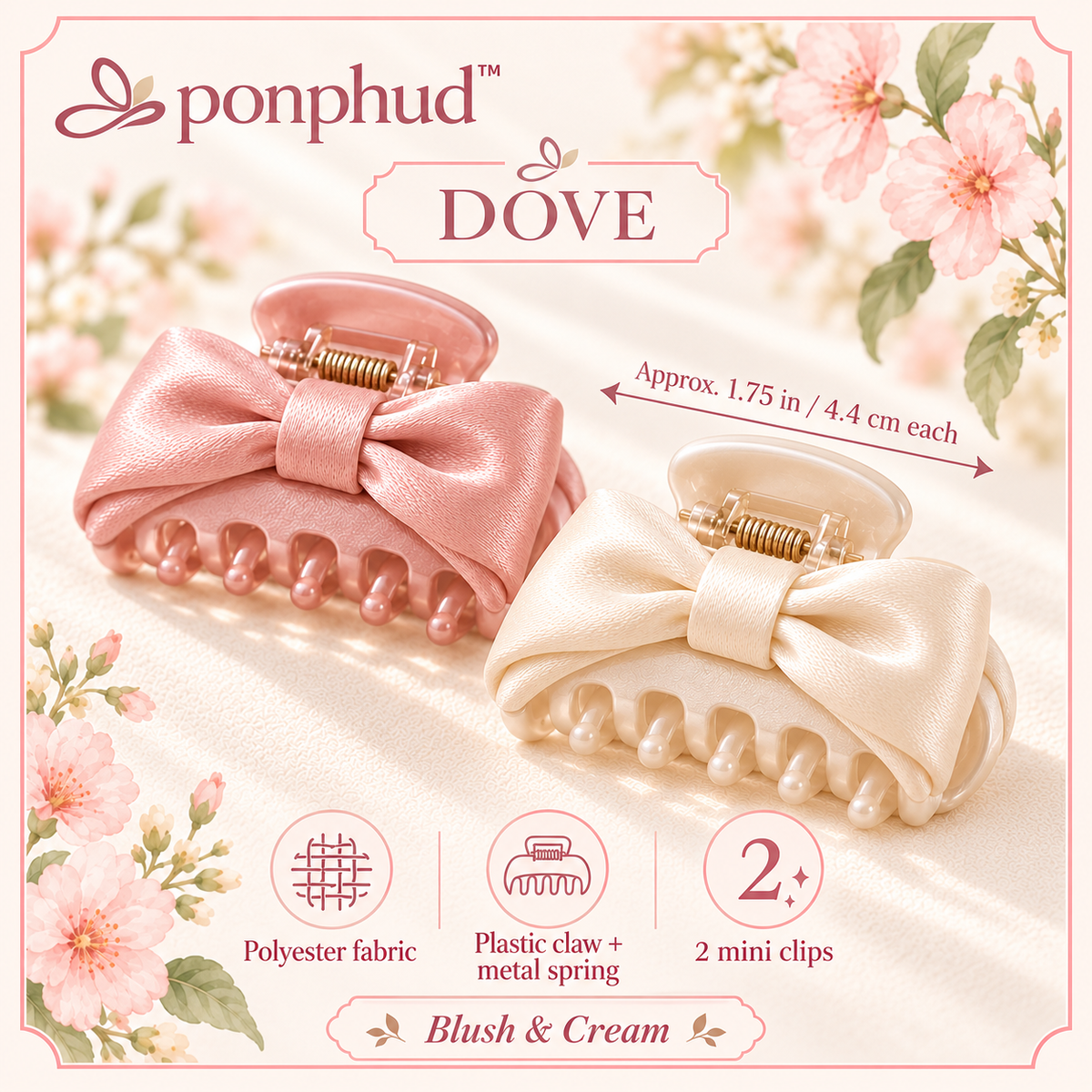 ponphud™ Dove Satin Mini Claw Clips for Women, Fabric-Wrapped Small Hair Claws, Soft Bow-Detail Hair Clips for Fine Hair, Set of 2