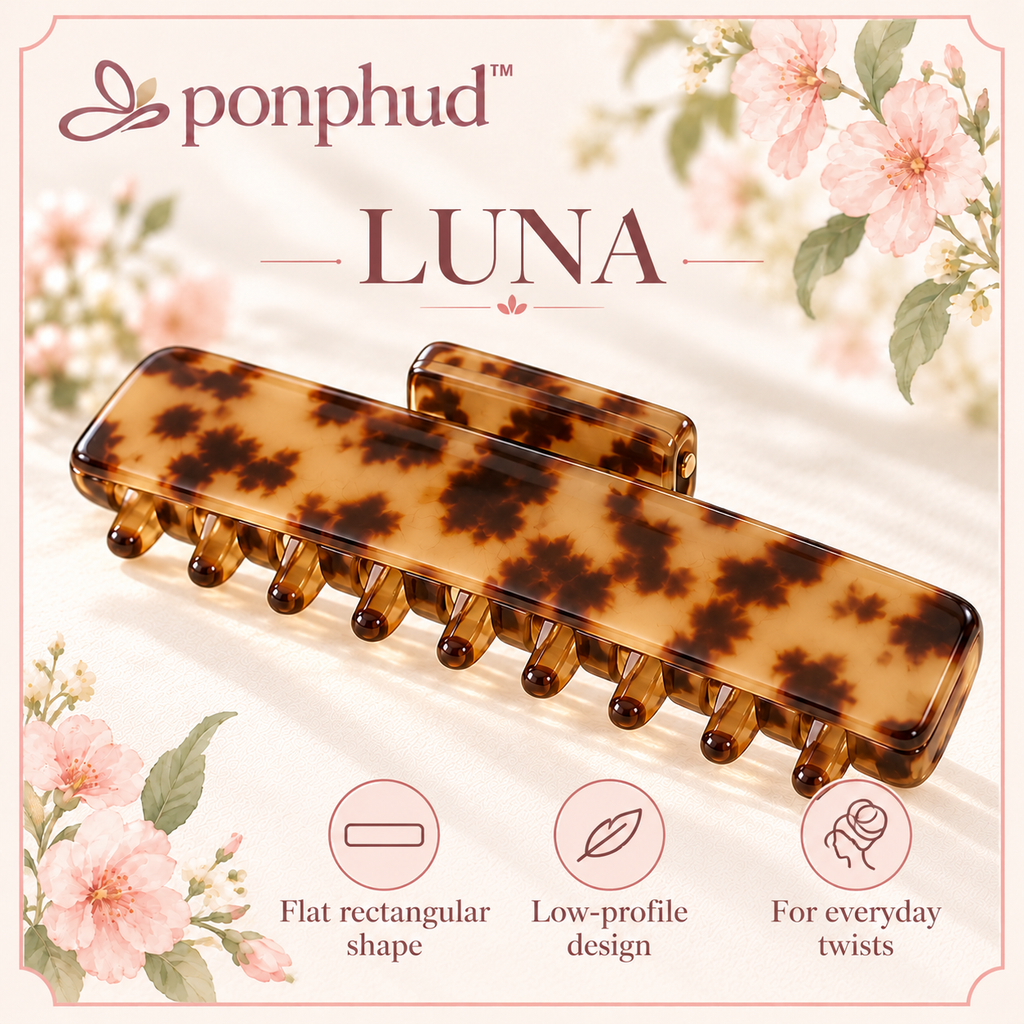 ponphud™ Luna Flat Claw Clip for Women, Low-Profile Acetate Hair Clip, Comfortable Car-Friendly Hair Claw for Long Hair and Everyday Updos