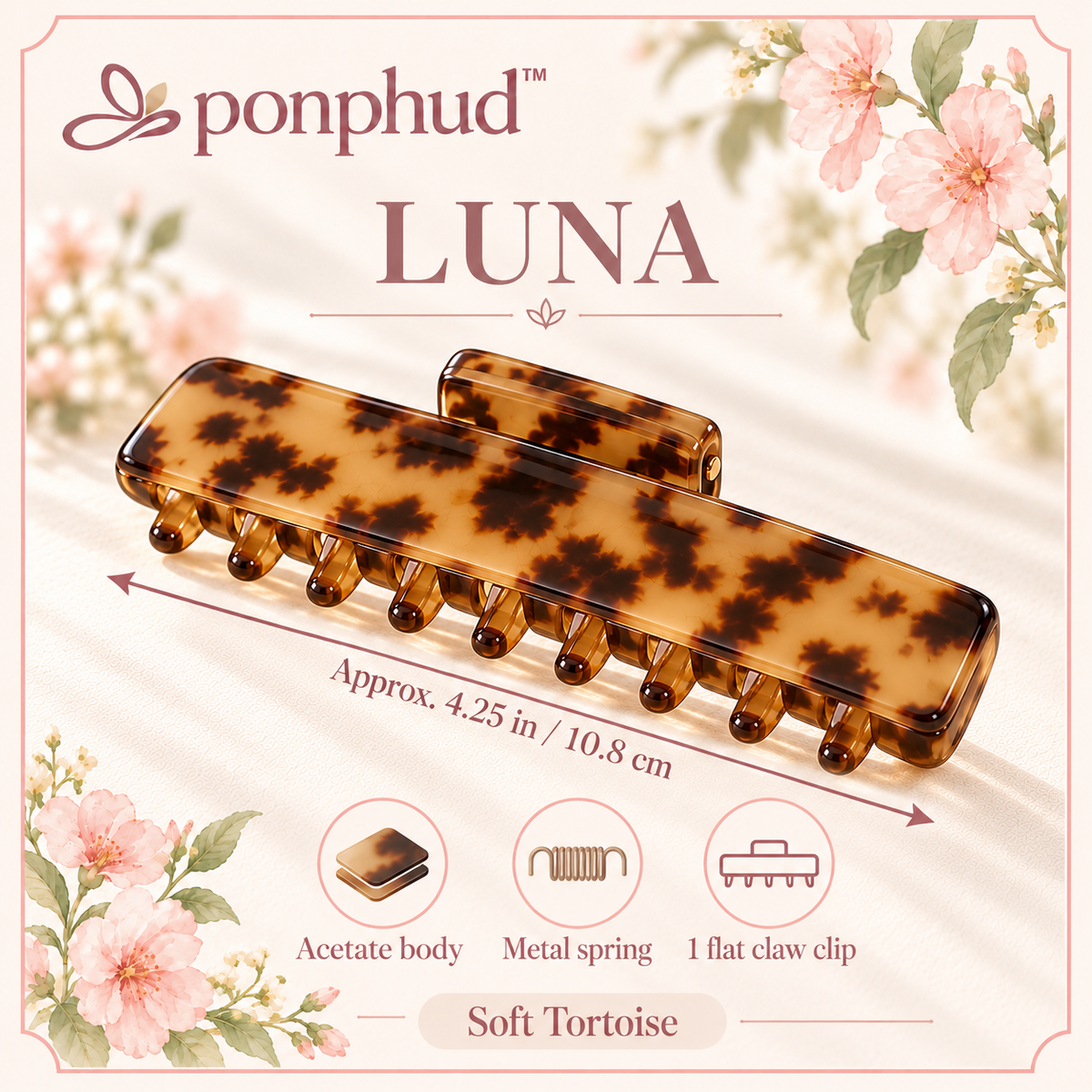 ponphud™ Luna Flat Claw Clip for Women, Low-Profile Acetate Hair Clip, Comfortable Car-Friendly Hair Claw for Long Hair and Everyday Updos