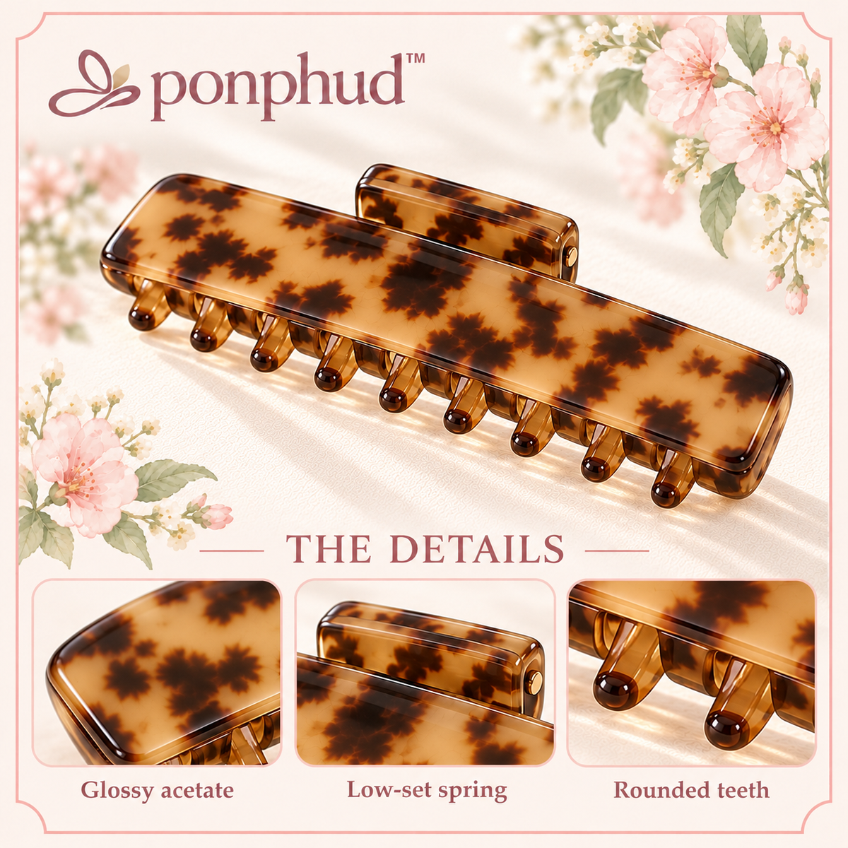 ponphud™ Luna Flat Claw Clip for Women, Low-Profile Acetate Hair Clip, Comfortable Car-Friendly Hair Claw for Long Hair and Everyday Updos