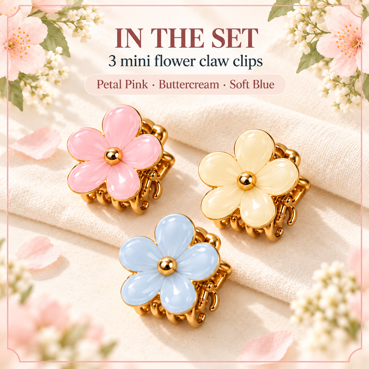 ponphud™ Poppy Mini Flower Claw Clips for Women, Enamel Floral Hair Clips, Cute Small Hair Claws for Half-Up Styles, Set of 3