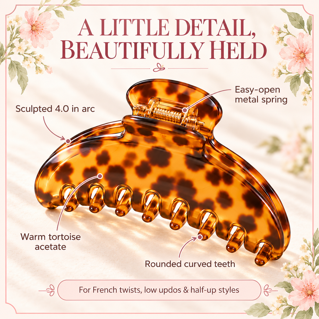 ponphud™ Solene Sculpted Arc Acetate Claw Clip for Women, Large Tortoise Shell Hair Clip, French Twist and Everyday Updo Barrette