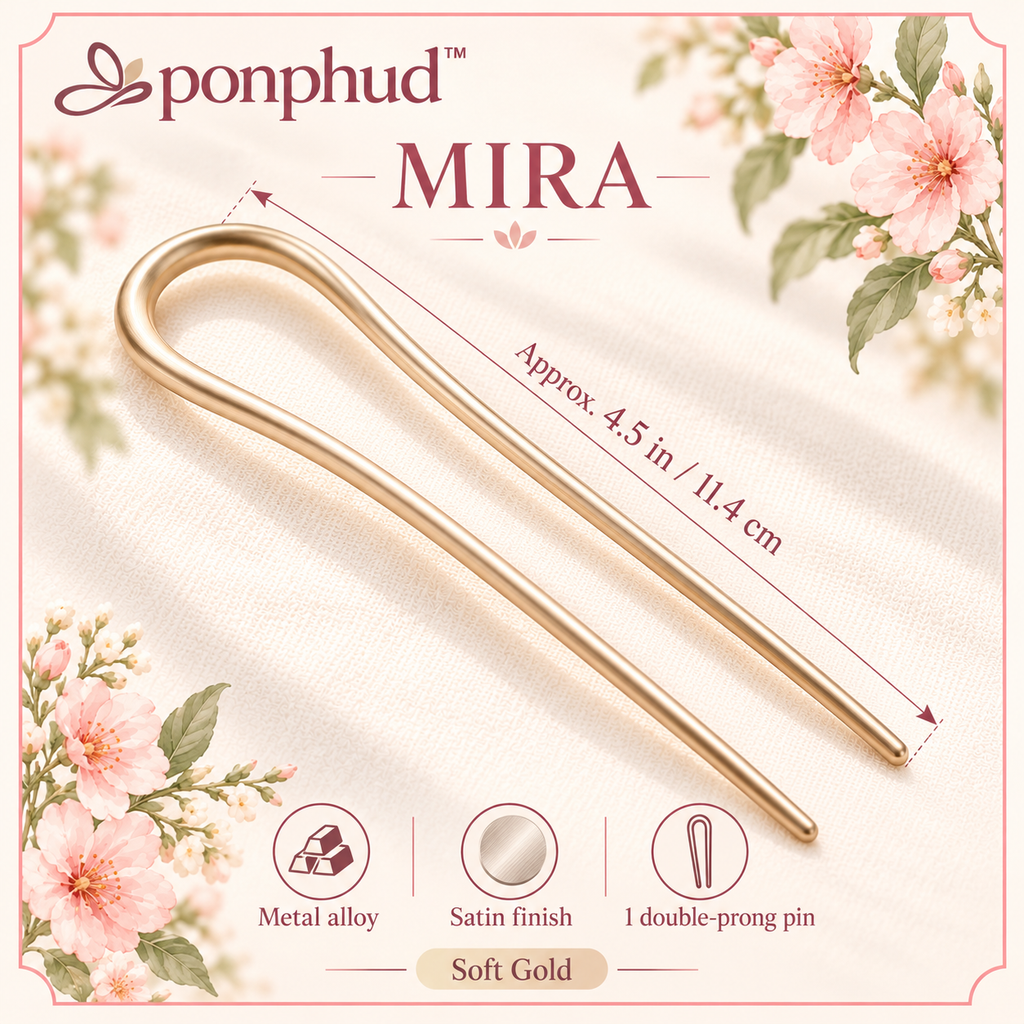 ponphud™ Mira Double-Prong Hair Pin for Women, Metal U-Shaped Bun Pin, Minimal Hair Stick for French Twist, Chignon and Updo Styles