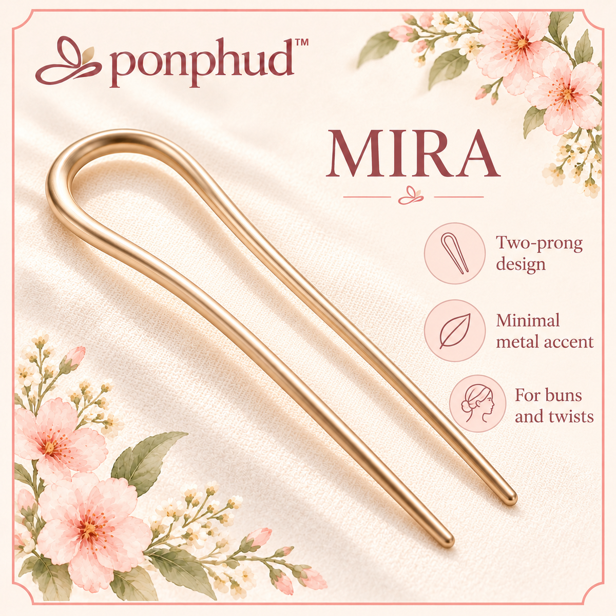ponphud™ Mira Double-Prong Hair Pin for Women, Metal U-Shaped Bun Pin, Minimal Hair Stick for French Twist, Chignon and Updo Styles