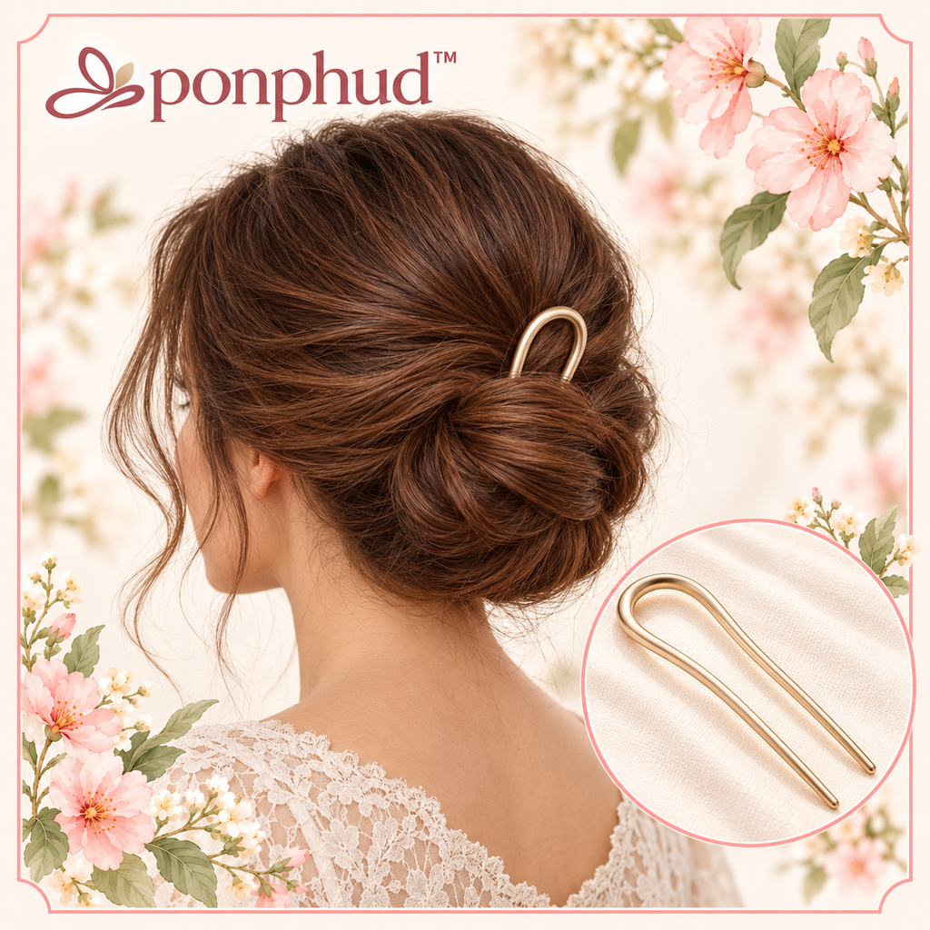 ponphud™ Mira Double-Prong Hair Pin for Women, Metal U-Shaped Bun Pin, Minimal Hair Stick for French Twist, Chignon and Updo Styles