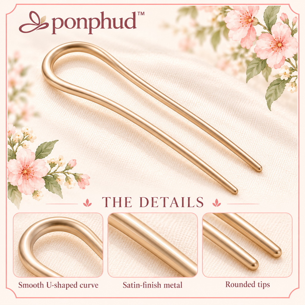 ponphud™ Mira Double-Prong Hair Pin for Women, Metal U-Shaped Bun Pin, Minimal Hair Stick for French Twist, Chignon and Updo Styles